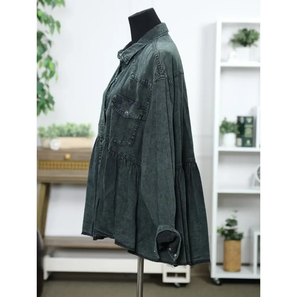 Free People We The Free Washed Black Oversized Peplum Denim Shacket Jacket XL